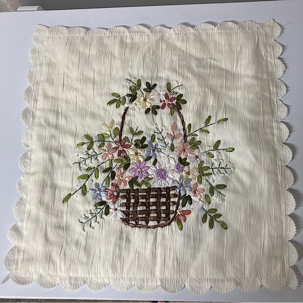 Square Hand Ribboned Embroidered Floral Satin Basket Cushion Cover Pillowcase